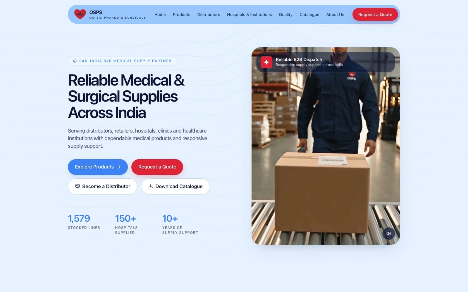 The Om Sai Pharma & Surgicals website on a laptop screen