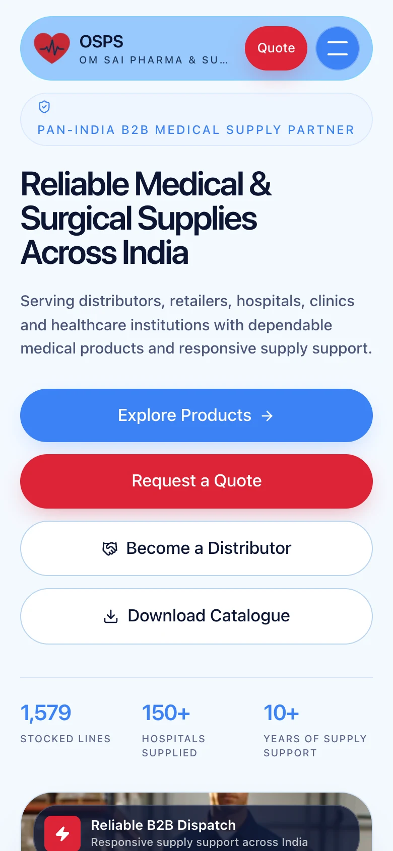 The Om Sai Pharma & Surgicals website on a phone